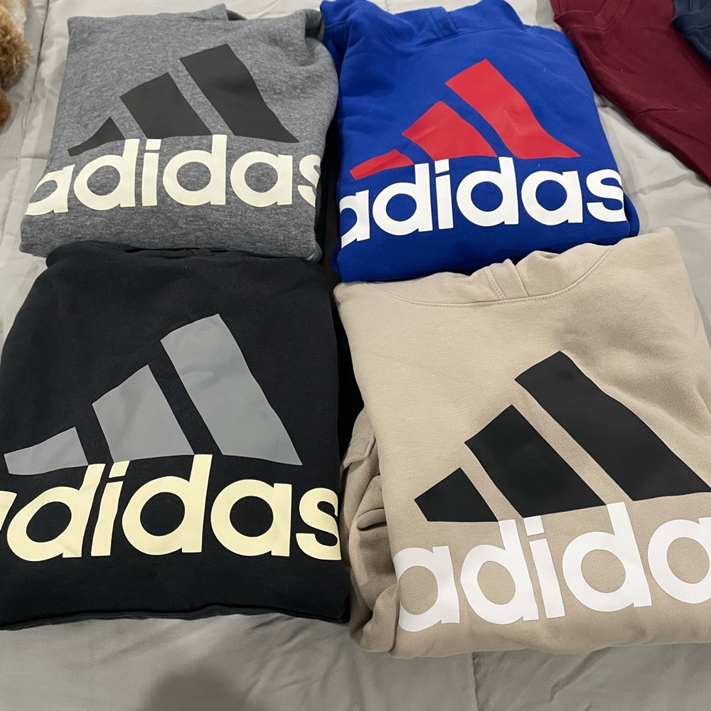 Adidas Sweatshirts in Gray, Blue, Black, and Tan